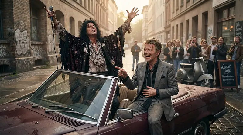 Representación de David Bowie e Iggy Pop dentro del automóvil Mercedes detenido en pleno centro de Berlín.