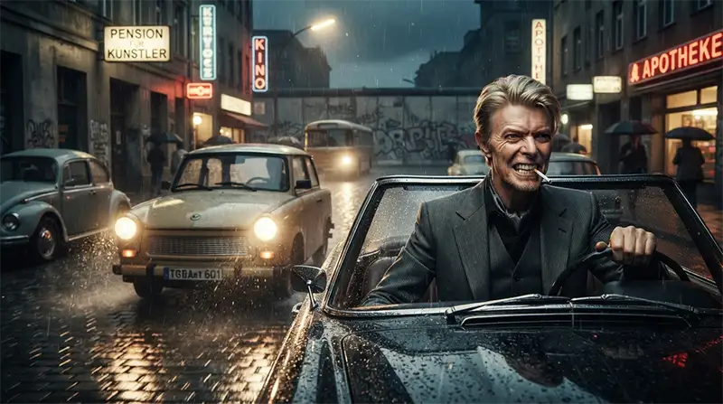 David Bowie persiguiendo alocadamente un automóvil por las calles de Berlín en 1976