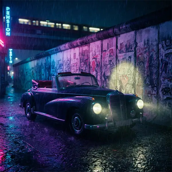 Un automóvil clásico detenido en una calle nocturna de Berlín iluminado por neones.
