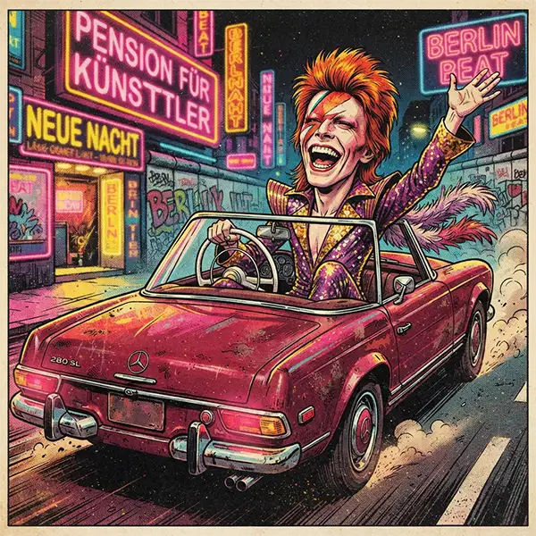 Ilustración Pop Art de un cantante de rock inspirado en David Bowie conduciendo un coche convertible vintage.