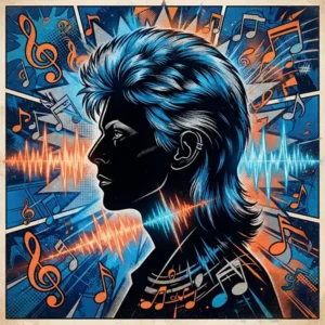 Ilustración Pop Art de la silueta de un cantante de rock rodeado de ondas sonoras y estética retro.