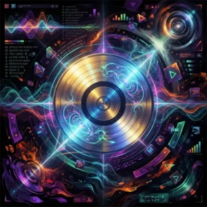Fusión metafórica entre un disco de vinilo clásico y una interfaz de música digital.