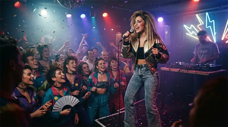 Recreación humorística de una cantante de dance española actuando en una discoteca de los años noventa