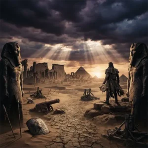 Una civilización en ruinas representa las señales de decadencia y destrucción evocadas en The Writing on the Wall de Iron Maiden.