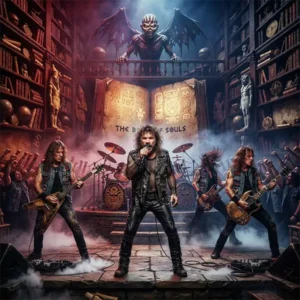Ed Force One trivia Escena épica inspirada en The Book of Souls de Iron Maiden con libros antiguos, símbolos históricos y una banda de heavy metal en concierto.