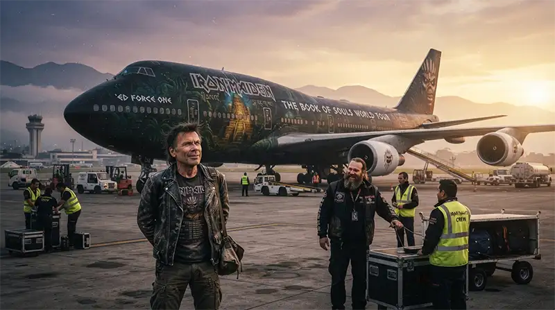 Representación del Ed Force One, el avión de Iron Maiden, durante una operación de mantenimiento en la gira The Book of Souls.