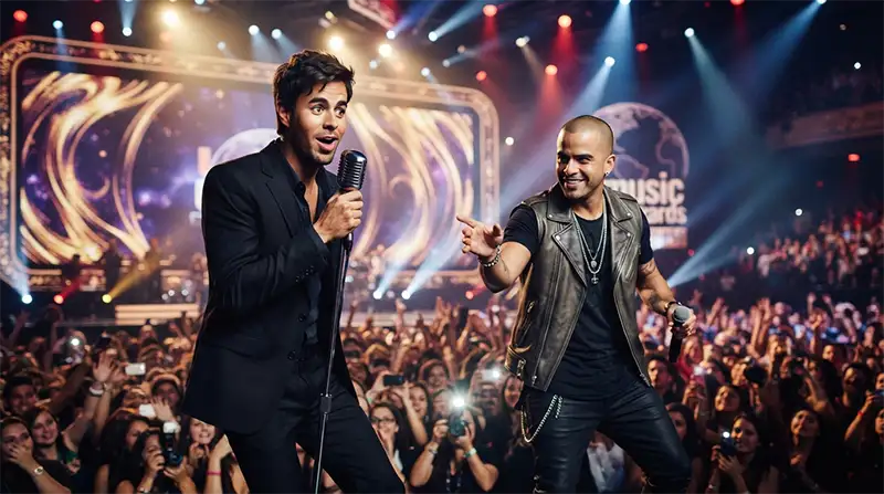 Cantante latino inspirado en Enrique Iglesias durante una actuación en una gala musical, con un micrófono en la mano y luces de escenario.