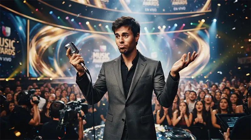 Cantante inspirado en Enrique Iglesias levanta los brazos mientras sostiene un micrófono alejado de su boca durante una actuación musical.