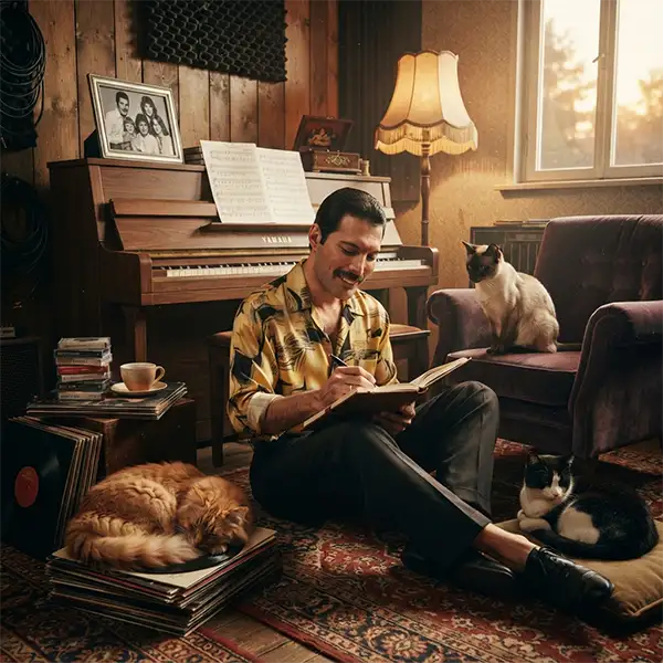 Cantante inspirado en Freddie Mercury componiendo música acompañado por varios gatos.