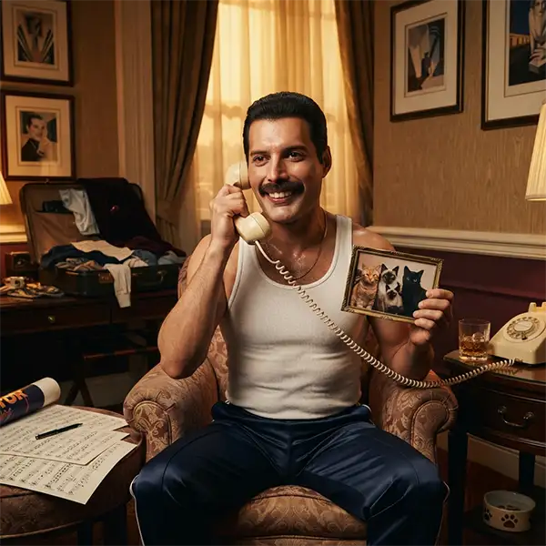 Cantante inspirado en Freddie Mercury hablando por teléfono mientras recuerda a sus gatos durante una gira.