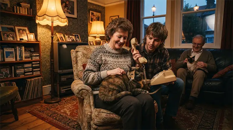 Un gato escucha un teléfono mientras sus cuidadores sonríen en una casa inspirada en la de Freddie Mercury.