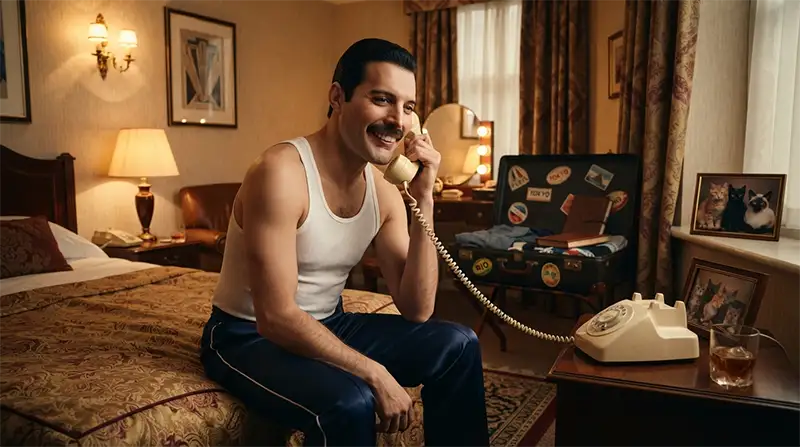 Cantante inspirado en Freddie Mercury hablando por teléfono durante una gira mientras observa fotografías de sus gatos.