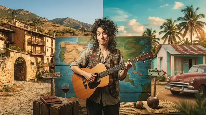 Un músico con guitarra entre un paisaje rural de Aragón y un imaginario paisaje caribeño.