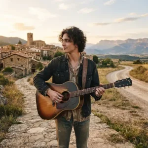 Un joven músico con guitarra frente a un camino que simboliza el dilema entre abandonar sus raíces y permanecer en su lugar de origen.