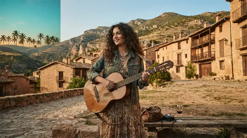 Guitarricadelafuente con una guitarra en un paisaje rural aragonés mientras el imaginario caribeño aparece como contraste visual.