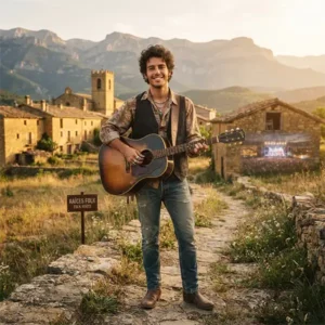 Guitarricadelafuente con una guitarra acústica en un paisaje rural inspirado en Aragón, representando la evolución de su carrera musical.
