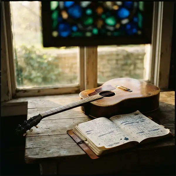 Hallelujah destacada Guitarra y cuaderno con manuscritos inspirados en el proceso creativo y el significado de Hallelujah de Leonard Cohen.