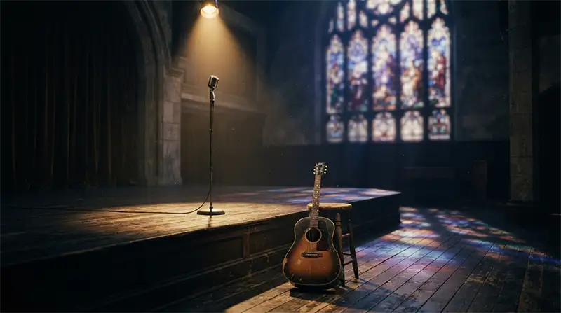 Escenario con micrófono y guitarra inspirado en el significado simbólico de Hallelujah.