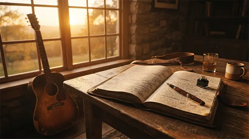 Cuaderno con manuscritos y una guitarra inspirados en el proceso creativo de Hallelujah.