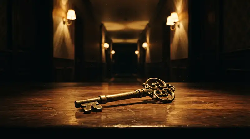 Una llave sobre el mostrador de un hotel oscuro que sugiere un lugar del que parece imposible marcharse.