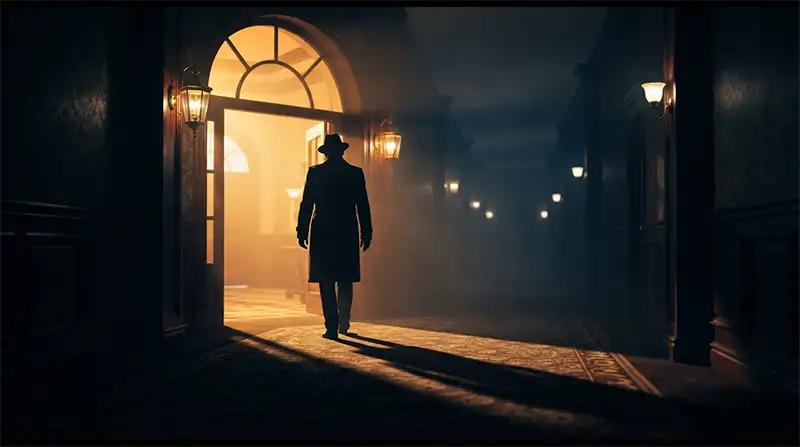 Un hombre caminando hacia la salida de un hotel mientras el pasillo oscuro sugiere que nunca terminará.