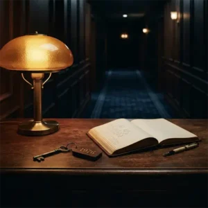 Hotel trivia Mostrador de un hotel con una llave y un registro abierto que evocan el misterio y las múltiples interpretaciones de la canción Hotel California.