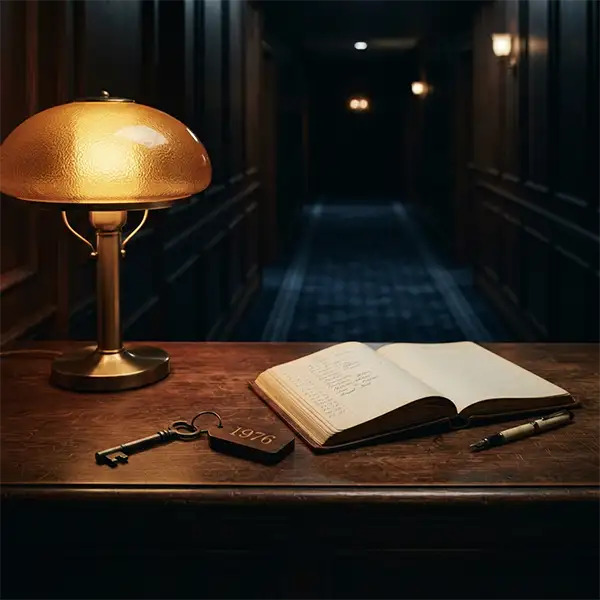 Mostrador de un hotel con una llave y un registro abierto que evocan el misterio y las múltiples interpretaciones de la canción Hotel California.