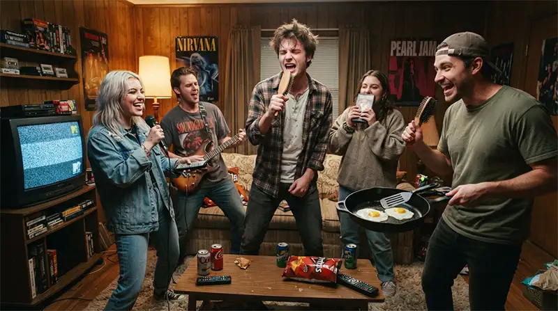 Grupo de amigos cantando rock en casa mientras bromean con la famosa frase "Huevos con aceite".