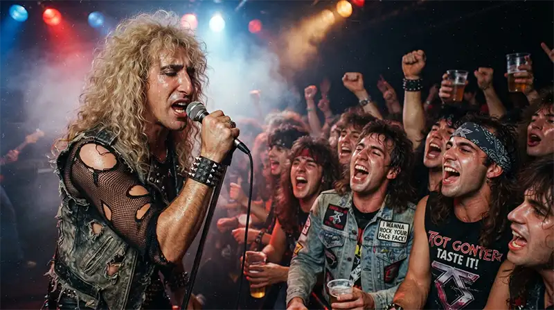 Público cantando con entusiasmo durante un concierto de hard rock inspirado en Twisted Sister.