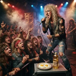 Huevos con aceite trivia Ilustración inspirada en un concierto de hard rock con referencias al famoso malentendido auditivo "Huevos con aceite" asociado a Twisted Sister.