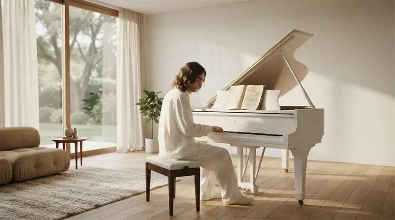 Artista inspirado en John Lennon componiendo al piano en un ambiente minimalista.