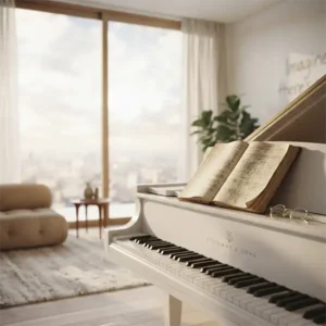 Piano blanco y libreta inspirados en la creación de Imagine, ilustración para una trivia sobre la canción de John Lennon.