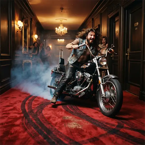 Fotografía de estilo setentero de una motocicleta derrapando en un pasillo alfombrado de un hotel de lujo entre marcas de neumático y humo.