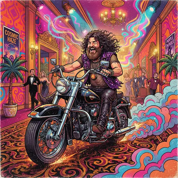 John Bonham destacada Ilustración Pop Art de un baterista de rock, inspirado en John Bonham, conduciendo una Harley-Davidson por el pasillo de un hotel.