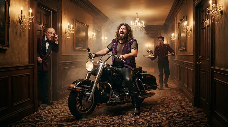 John Bonham conduciendo una Harley-Davidson por el pasillo del hotel Hyatt House 