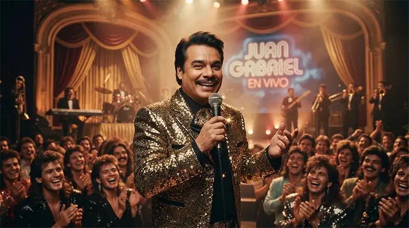 Cantante inspirado en Juan Gabriel improvisando con humor durante un concierto.