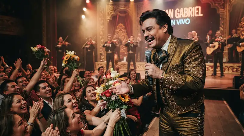Cantante inspirado en Juan Gabriel interactuando con el público entre risas.