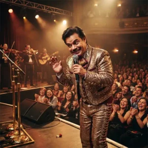 Cantante inspirado en Juan Gabriel improvisando con humor durante un concierto ante un público entusiasta.