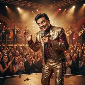 Juan Gabriel trivia Cantante inspirado en Juan Gabriel improvisando con humor durante un concierto ante un público entusiasta.