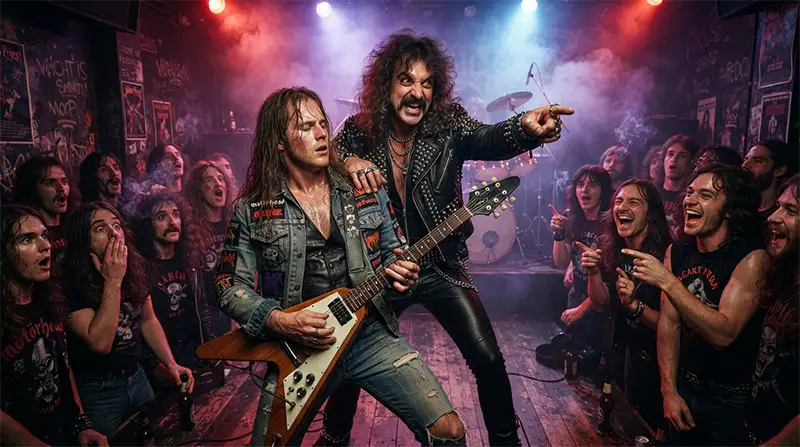 Rob Halford realiza una broma escénica mientras Glenn Tipton toca un solo de guitarra durante un concierto de Judas Priest.