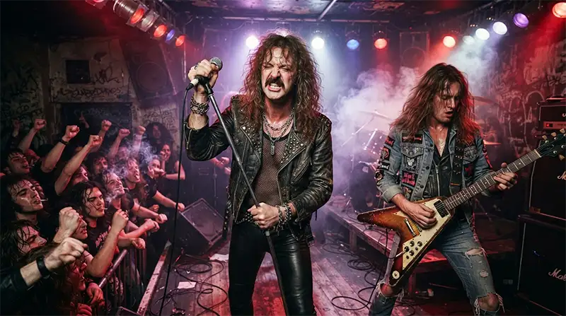 Rob Halford y Glenn Tipton durante una representación teatral de heavy metal en los primeros años de Judas Priest.
