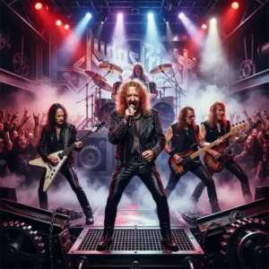 Judas trivia Banda inspirada en Judas Priest durante la era de British Steel interpretando heavy metal en un escenario.