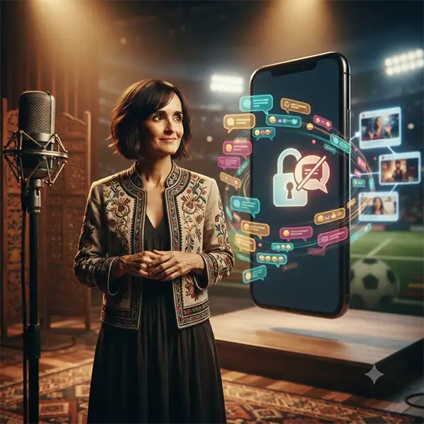 Cantante inspirada en Julieta Venegas frente a una pantalla con los comentarios cerrados mientras una conversación digital continúa en otros espacios.