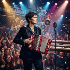 Julieta Venegas Trivia Cantante y compositora interpretando el acordeón durante una representación visual de las diferentes etapas de su carrera musical.