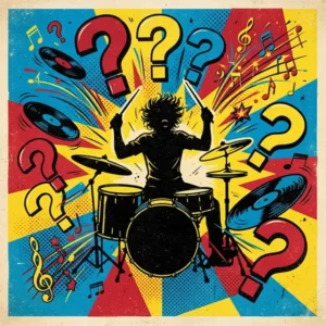 Keith Moon trivia Ilustración Pop Art de una batería de rock explotando rodeada de signos de interrogación.