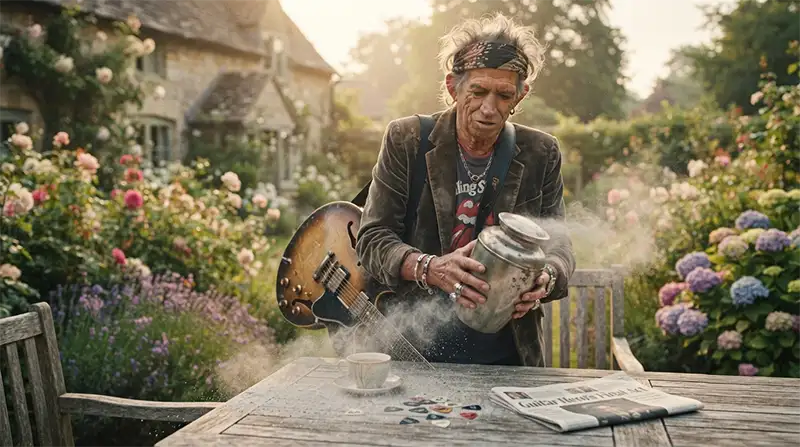 Músico inspirado en Keith Richards sosteniendo una urna de cenizas en un jardín en 1960s/2000s estilo cine