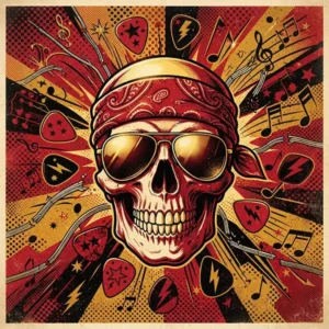 Ilustración Pop Art de una calavera con estilo de roquero rodeada de elementos de guitarra y música.