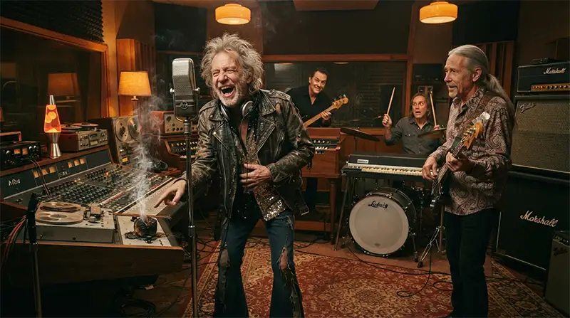 Un guitarrista de rock riéndose en un estudio de grabación recordando una anécdota disparatada