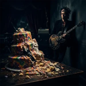 Una tarta psicodélica desmoronándose junto a la silueta de un guitarrista de rock.