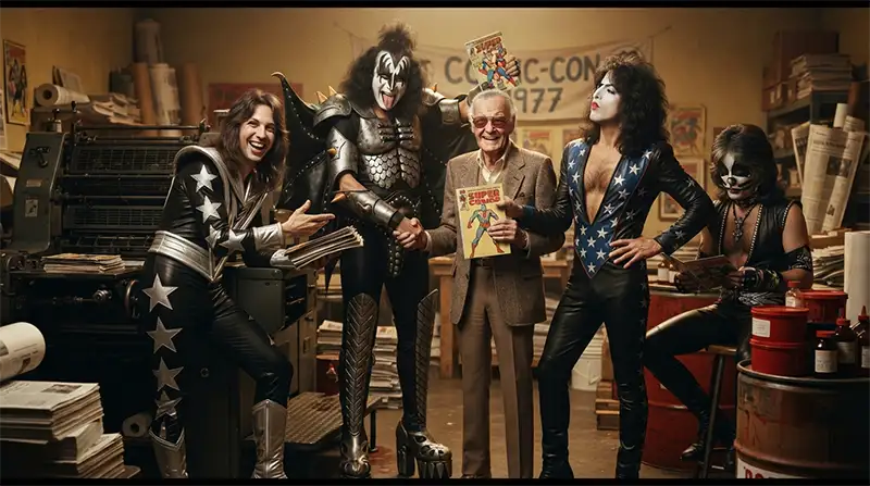 KISS y el cómic de Marvel de 1977: recreación de la presentación del proyecto editorial con la banda y Stan Lee.